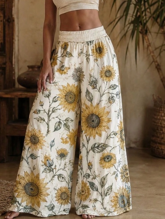 Pants - Boho Sunflower Print Stretchy Waist Wide Leg Pants